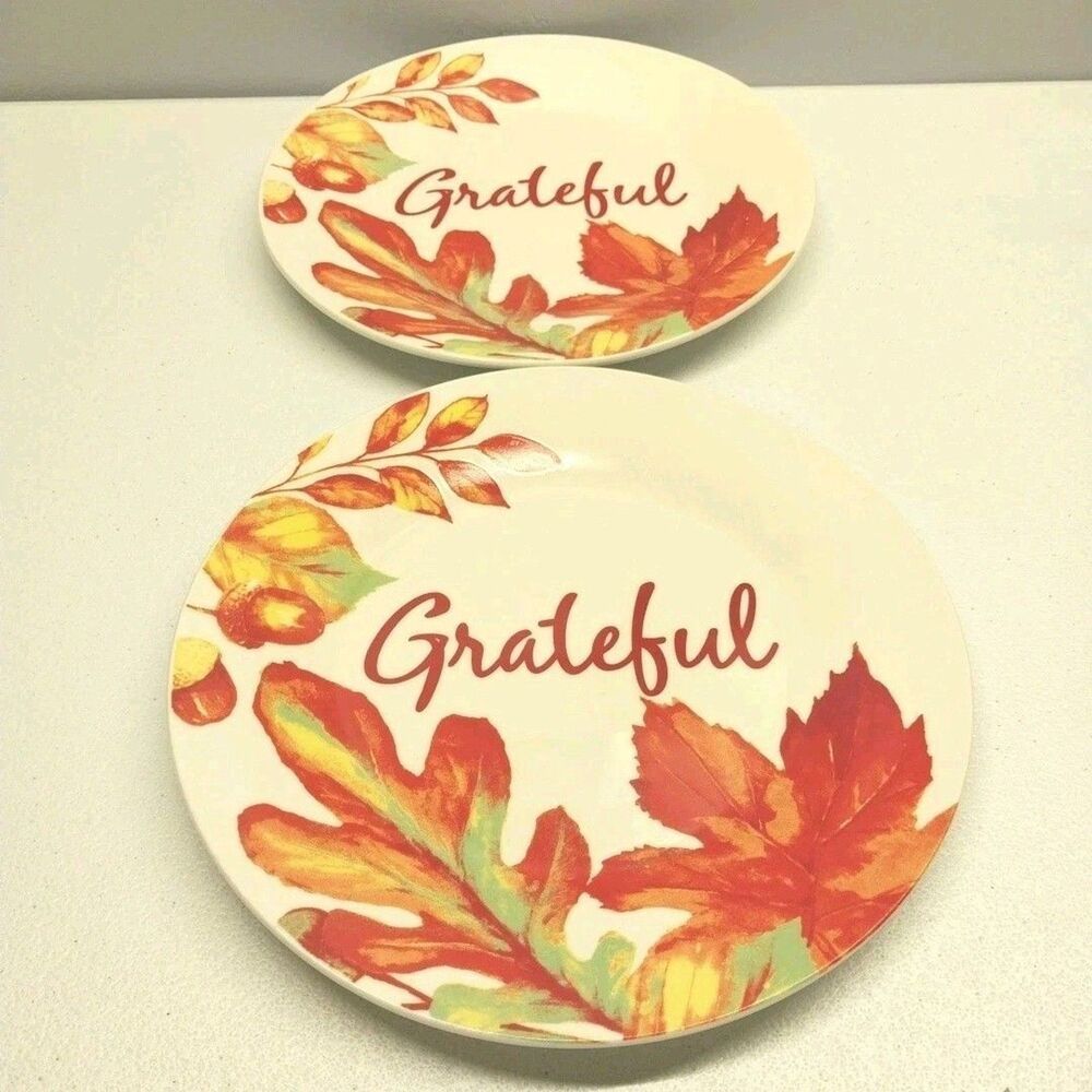 Fall Leaves Salad Dessert Plates Lot of 2 Royal Norfolk Grateful Thanksgiving